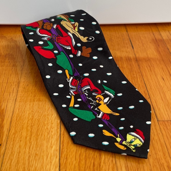 Vintage Looney Tunes Christmas Tie Black Cartoons Daffy Tweetie Bugs Taz Santa - Picture 4 of 8